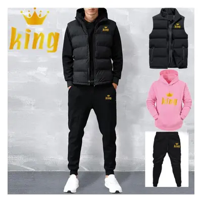 (pink, 3XL) Men Casual Sets Vest + Hoodies + Pants Piece Tracksuit Male Sportswear Set