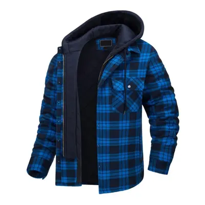 (royal blue, XL) Men&apos;s Autumn/winter Long Sleeve Lapel Plaid Hooded Thickened Shirt Jacket