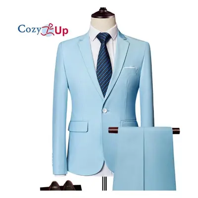 (sky blue, 3XL) Cozy Up Men Solid Color Long Sleeve Lapel Slim Button Men Fashion Business Suit 