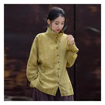 (yellow, One Size) Johnature Women Vintage Half Hight Collar Shirts Tops Long Sleeve Button Blou