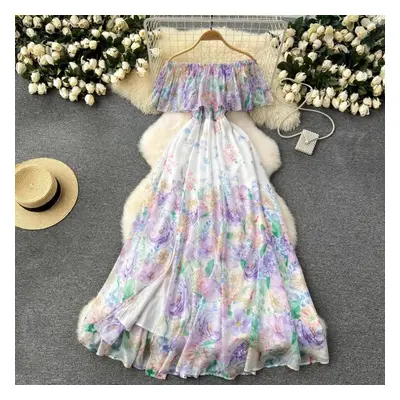 (purple, M) Summer Off Shoulder Gorgeous Flower Holiday Chiffon Dress Women Slash Neck Floral Pr