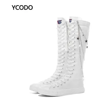 (white, 36) Spring Autumn Women Boots Canvas Mid Calf Boots Casual High Top Shoes Long Boots Lac