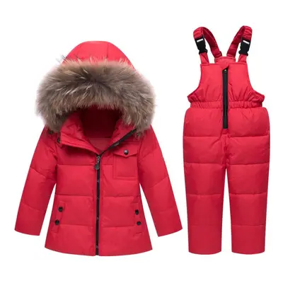 (red, 110(4T)) 2pcs Set Baby Girls Boys Winter Hooded Snowsuit Puffer Down Jacket With Snow Ski 