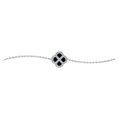 Jewelco London Sterling Silver CZ Black Onyx Clover Kiss Lucky Charm Bracelet 6-7.5" - 8-29-2722