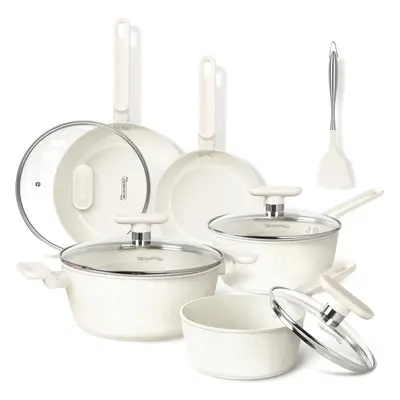 (Cream White 10PCS) Pots and Pans Sets Non Stick, 10pcs White Granite Pots and Pans Set with Non