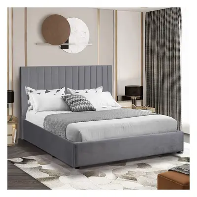 ((Grey, Double)) Ottoman Bed Storage Bed Frame Gas Lift Velvet Fabric