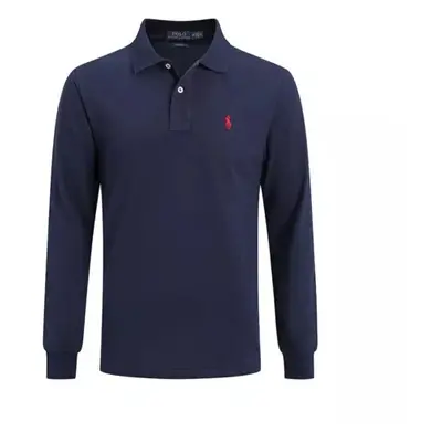 (Deep Blue, M) Men Polo Shirt Casual Long Sleeve Collared T-Shirt Sports T-Shirts Button Tops