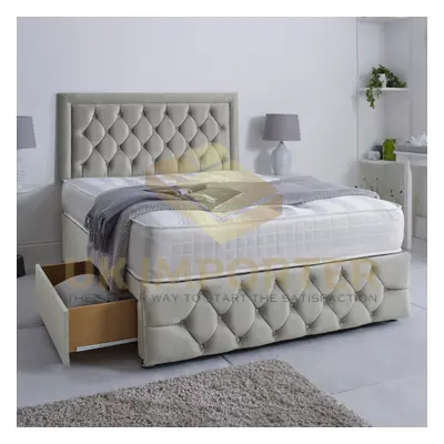 (Silver Plush, King 5ft(with Drawers)) LUXURY DIVAN BED 26"HEADBOARD STORAGE DRAWER With MATTRES