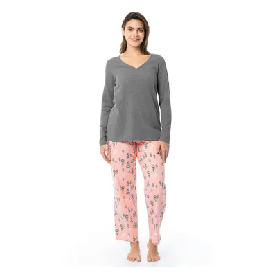 Fruit of the Loom Women's Waffle V-Neck Top and Flannel Pant Sleep Set Heather Grey/Snowy Trees 