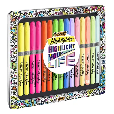 BIC Highlighter Grip Collection Box - Assorted Intense and Pastel Colours, Metal Gift Box of