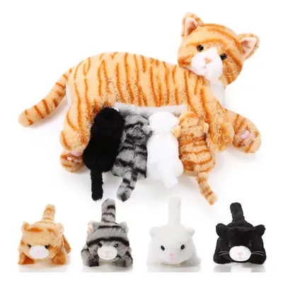 Nurturing Cat Stuffed Animal with Plush Kittens, Cat Baby Stuffed Animals for Girls and Boys Plu