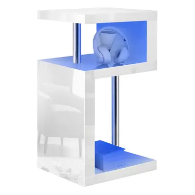 ((White)) White High Gloss Tier Side Coffee Table With Led Light Home Decor