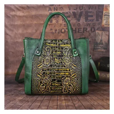 (green) Johnature Retro Genuine Leather Handmade Women Bag First Layer Cowhide Large Capacity Ha