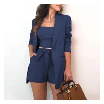 (navy blue, L) Tbeeeestt Women Pieces Set Tracksuit Loose Blazer & Bow Elastic Waist Short Pant 