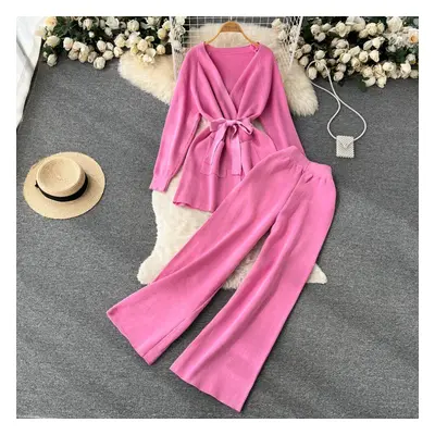 (pink, One Size) Autumn Two-piece Suit Niche Design Lace-up Waist Long-sleeved Knitted Cardigan 