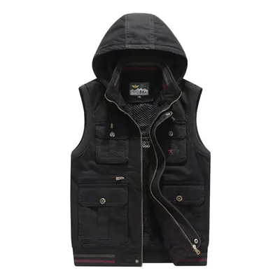 (black, M) Brand Vest Men Winter Fleece Thick Warm Waistcoat Men Hooded Multi Pockets Military C