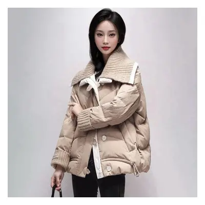 (khaki, L) Winter Loose Knit Collar Retro Short Cotton Padded Jacket For Women Coat