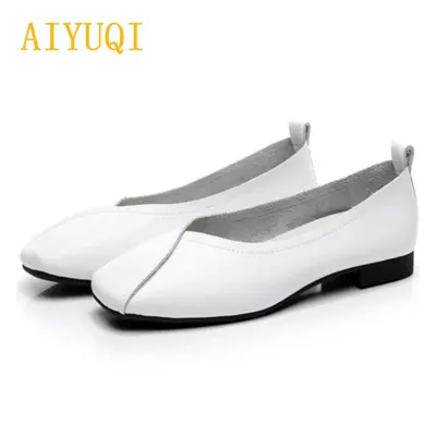 (white, 39) Women&apos;s Casual Shoes Autumn Genuine Leather Women Flat Shoes Onon-slip Mother F