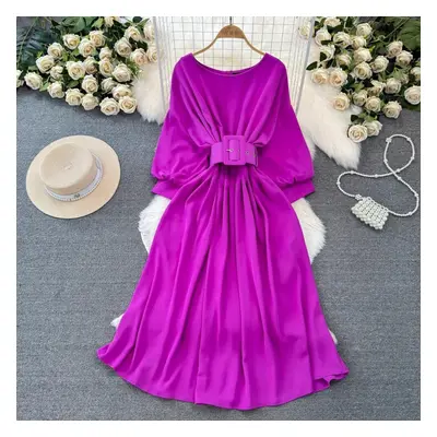 (purple, XXL) Luxury New Women Spring Summer O Neck Batwing Sleeve Belt Fashion Elegant Casual H