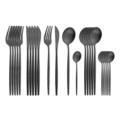 (black) 24pcs Gold Matte Cutlery Set Stainless Steel Dinnerware Set Silver Knife Fork Spoon Silv