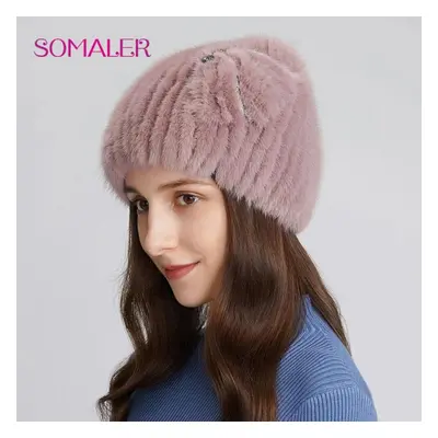 (pink) Somaler Winter Real Mink Fur Hats For Women Knitted Warm Wool Hats Girls Skull Beanie Wit