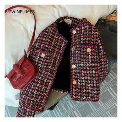 (as the picture, L) Winter Vintage Woven Tweed Jacket Women&apos;s Single Breasted Chic Thick Fl