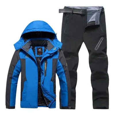 (blue, XXXXXL) Large Size Men&apos;s Autumn And Winter Waterproof Jackets And Pants Sets Fleece 