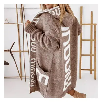 (L, khaki) Mid-length Thick Cardigan Female Loose Batwing Sleeve Sweaters Hooded Jacket