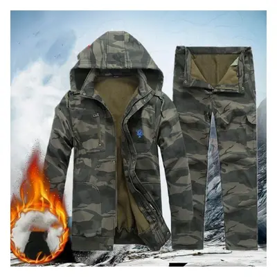 (grey, M) Men&apos;s Autumn Outdoor Set Winter Outdoor Hooded Fleece Thickening Suit Hooded Top+