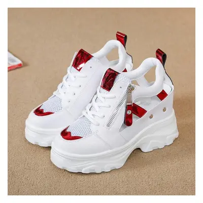 (red, 34) Summer Women Sneakers Mesh High Platform Trainers White Shoes 9cm Heels Wedges Sandals