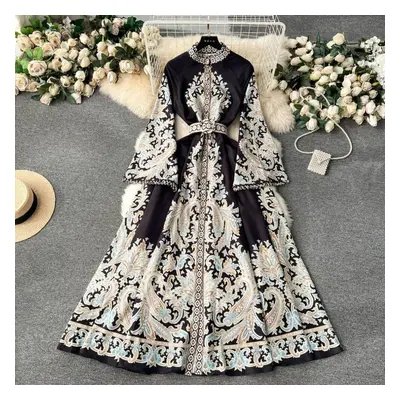 (black, 2XL) European Sle Formal Dress For Women, Retro Palace Sle, Design Sense Print, Bell Sle