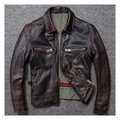 (auburn, XXL) Yr !free Shipping .brand New Men Genuine Leather Jacket .winter Warm Brown Vintage