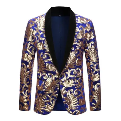 (blue,gold, XL) Pyjtrl Mens Fashion Golden Shiny Sequin Floral Pattern Suit Jacket Blazer