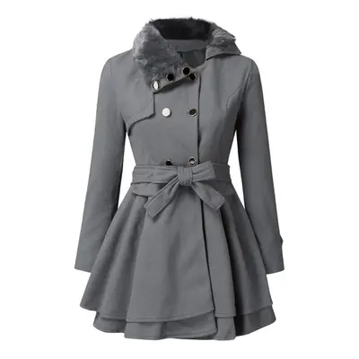 (grey, XXL) Women Wool Coat Dress Jacket Slim Windbreaker Sexy Long Woolen Trench Belted Pea Coa