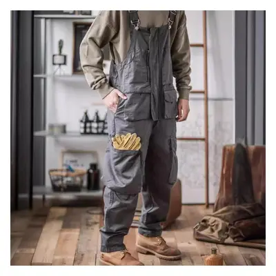 (grey, S) Fashion Retro Men&apos;s Suspenders American Style Cotton Overalls Loose Washing Jumps