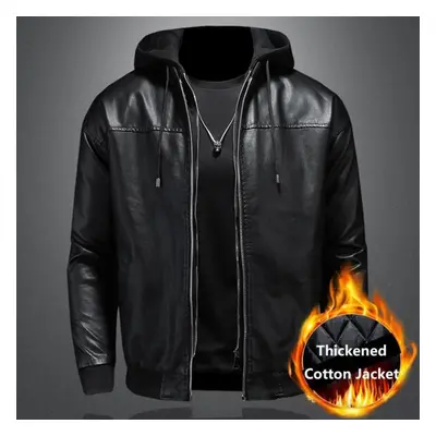 (as the picture, XXL) Leather Men&apos;s And New Casual Hooded Jacket Handsome Motorcycle Jacket