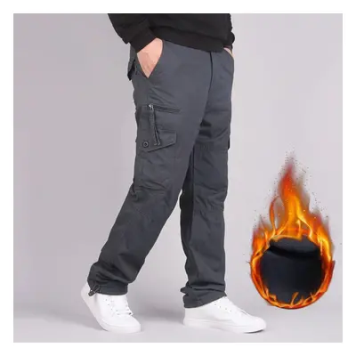 (grey, S) Men&apos;s Cotton Winter Thick Fleece Casual Pants Tactical Baggy Cargo Pants Double L