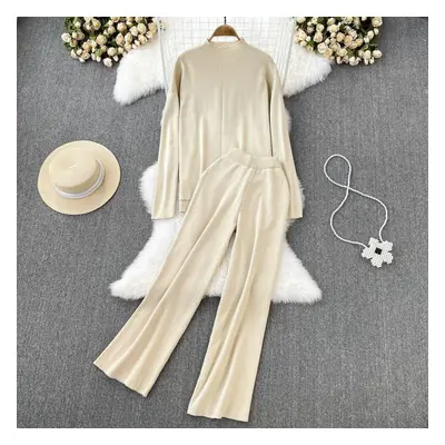 (apricot, One Size) Fashion Collar Loose Long-sleeved Irregular Knit Tops High Waist Thin Straig