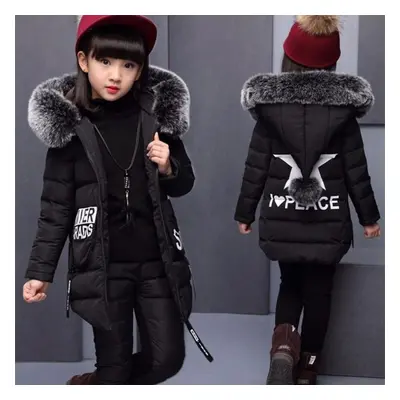 (black, 150) Girls Clothing Set Winter Children Stars Hoodie Outerwear Outfits Kids Toddler Warm