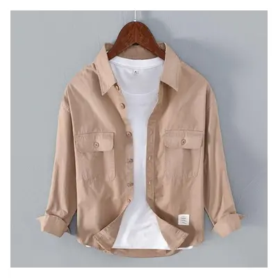 (khaki, M) Korean Style Cargo Men Shirts Cotton Solid Color Shirt Spring Autumn Loose Casual Top