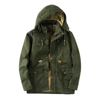 (green, XL) Winter Hooded Plus Fleece Cotton Jacket Men &apos;s Large Size Mid -length Casual Co