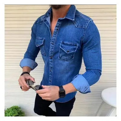 (ultramarine blue, XL) Fashion Men&apos;s Denim Jacket Long Sleeve Shirt