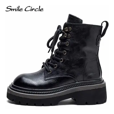 (black, 36) Genuine Leather Women Boots Round Toe Platform Ankle Boots Fashion Casual Chunky Boo