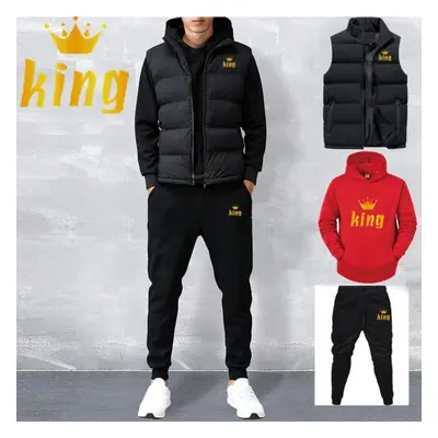 (red, M) Men Casual Sets Vest + Hoodies + Pants Piece Tracksuit Male Sportswear Set