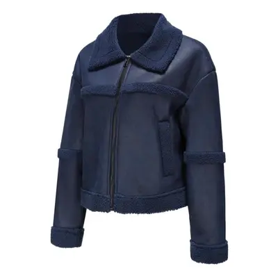 (dark blue, 3XL) Women's Suede Faux Leather Jackets Plush Fleece Lined Lapel Zipper Short Coat L