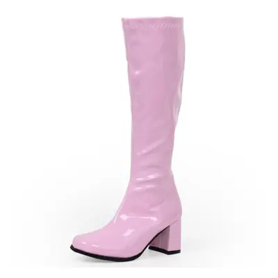 (pink, 45) Woman Gogo Boots Square Heel Knee-high Classic Square Toe Boots Pu Leather Zip Boots 