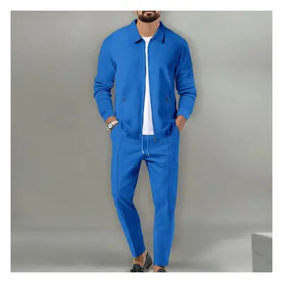 (blue, XL) Lapel Slim Fitting Male Coat Waffle Zipper Pocket Long Sleeved Sportswear Man Cardiga