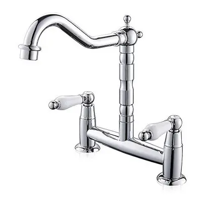 Ghopy Hole Kitchen Sink Mixer Tap Traditional Deck Mounted Chrome Swivel Spout Brass Bridge Tap