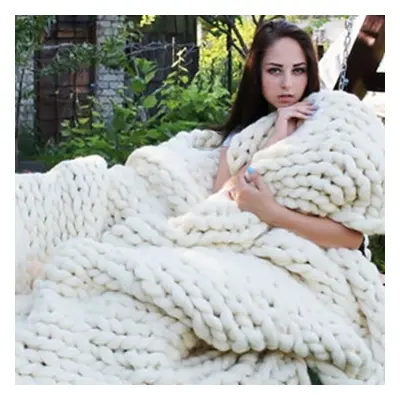 (White, 120x150CM) Warm Handmande Chunky Knitted Blanket Thick Yarn Merino Knit Throw Bed Sofa