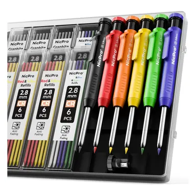 Nicpro Pack Carpenter Pencil with Sharpener, Mechanical Carpenter Pencils with Refills in Colors